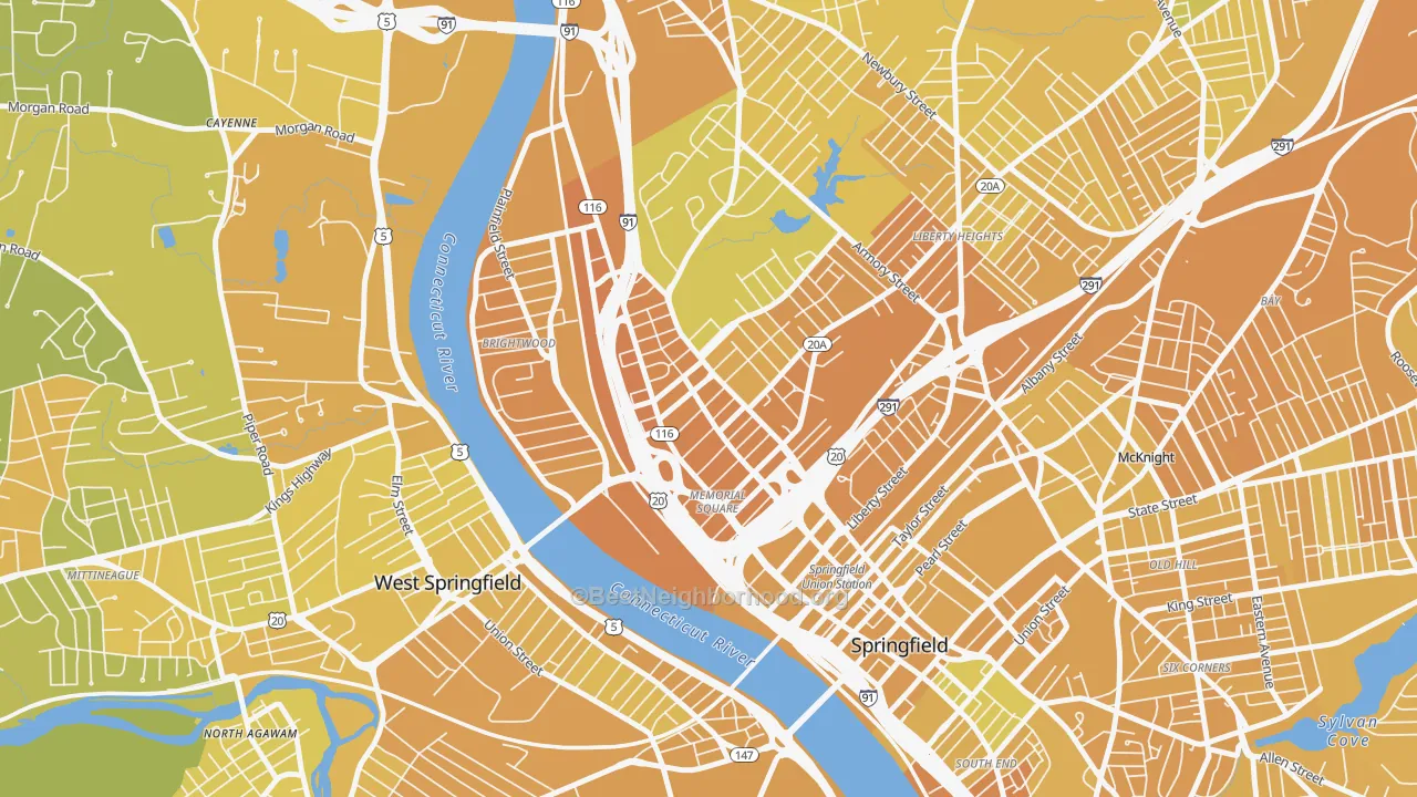 Map of the best neighborhoods in the Memorial Square, Springfield area, with better matches in green and worse matches in red