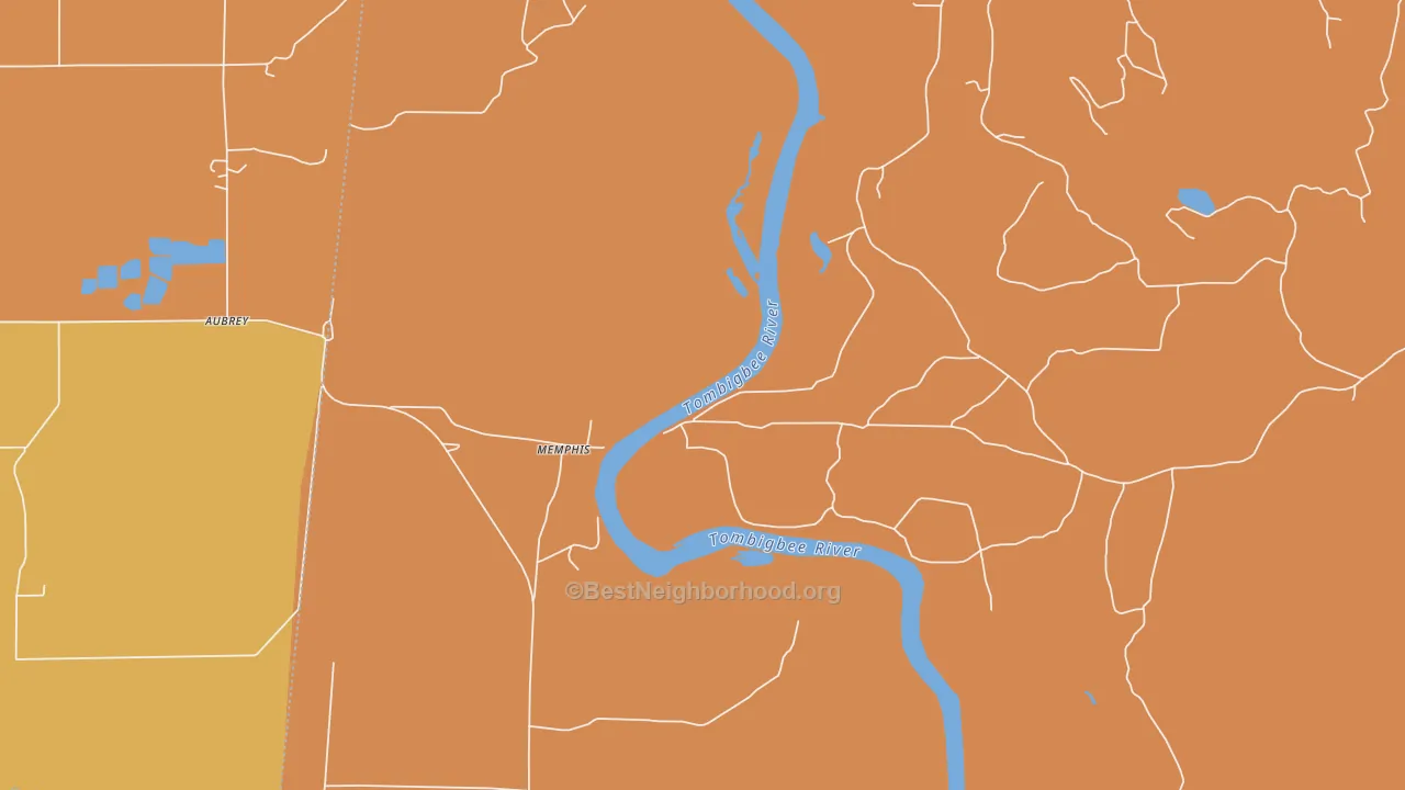 Map of the best neighborhoods in the Memphis area, with better matches in green and worse matches in red