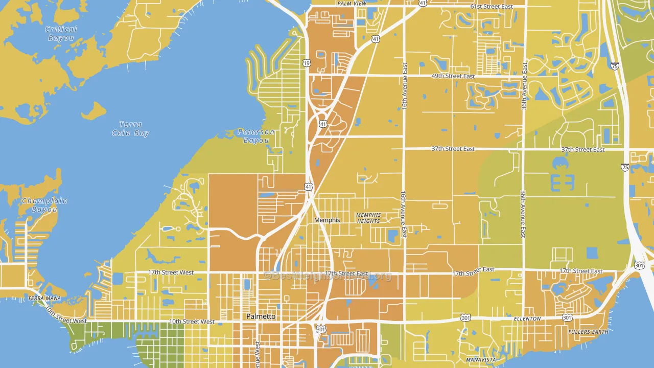 Map of the best neighborhoods in the Memphis area, with better matches in green and worse matches in red
