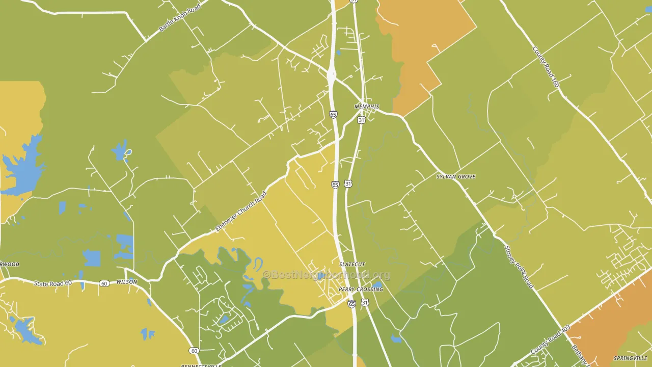 Map of the best neighborhoods in the Memphis area, with better matches in green and worse matches in red