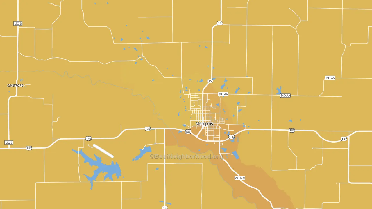 Map of the best neighborhoods in the Memphis area, with better matches in green and worse matches in red