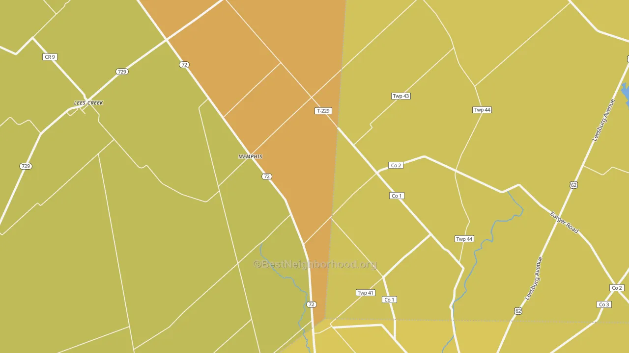 Map of the best neighborhoods in the Memphis area, with better matches in green and worse matches in red
