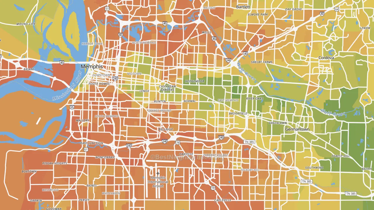 Map of the best neighborhoods in the Memphis Metro area, with better matches in green and worse matches in red