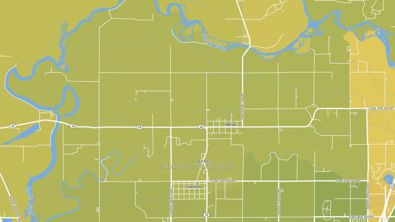 Map of the best neighborhoods in the Menan area, with better matches in green and worse matches in red
