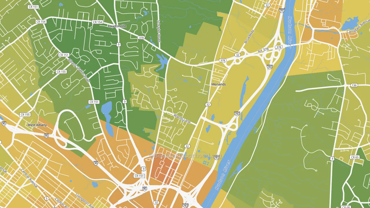 Map of the best neighborhoods in the Menands area, with better matches in green and worse matches in red