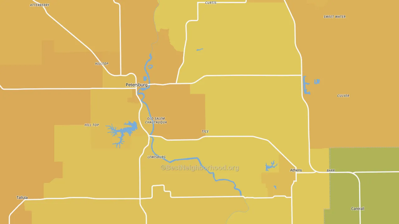 Map of the best neighborhoods in the Menard County area, with better matches in green and worse matches in red