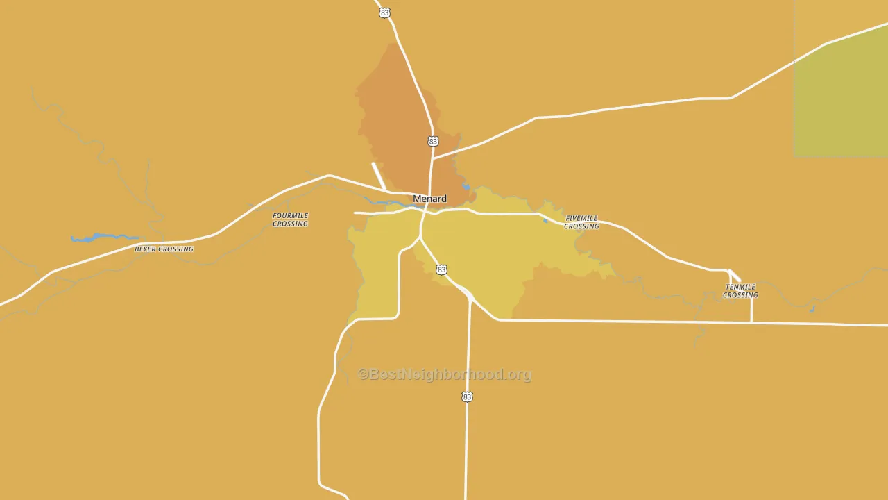 Map of the best neighborhoods in the Menard County area, with better matches in green and worse matches in red