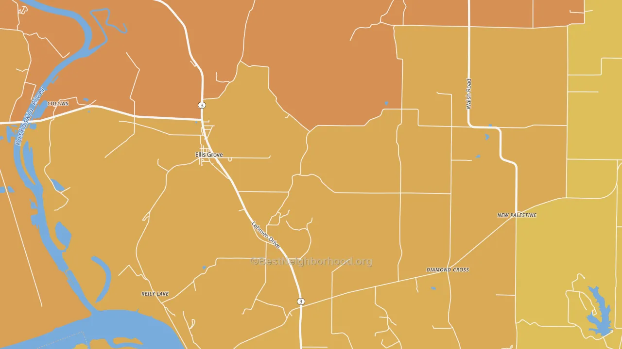 Map of the best neighborhoods in the Menard area, with better matches in green and worse matches in red