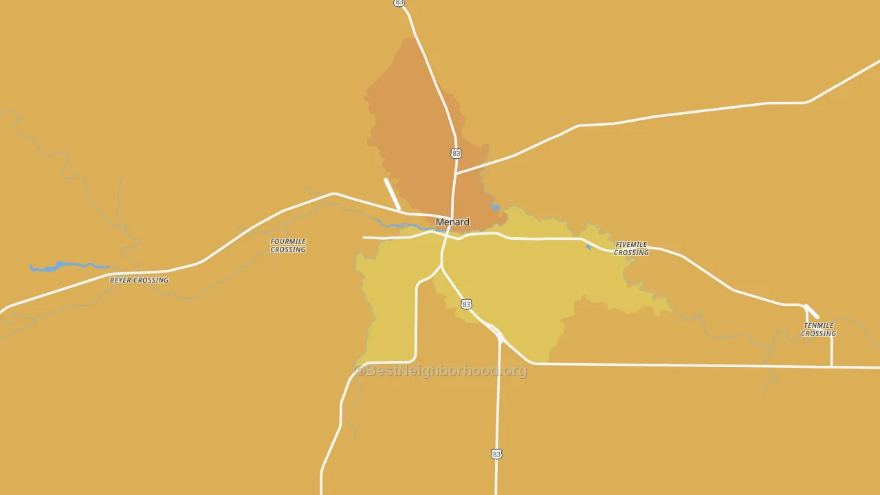 Map of the best neighborhoods in the Menard area, with better matches in green and worse matches in red