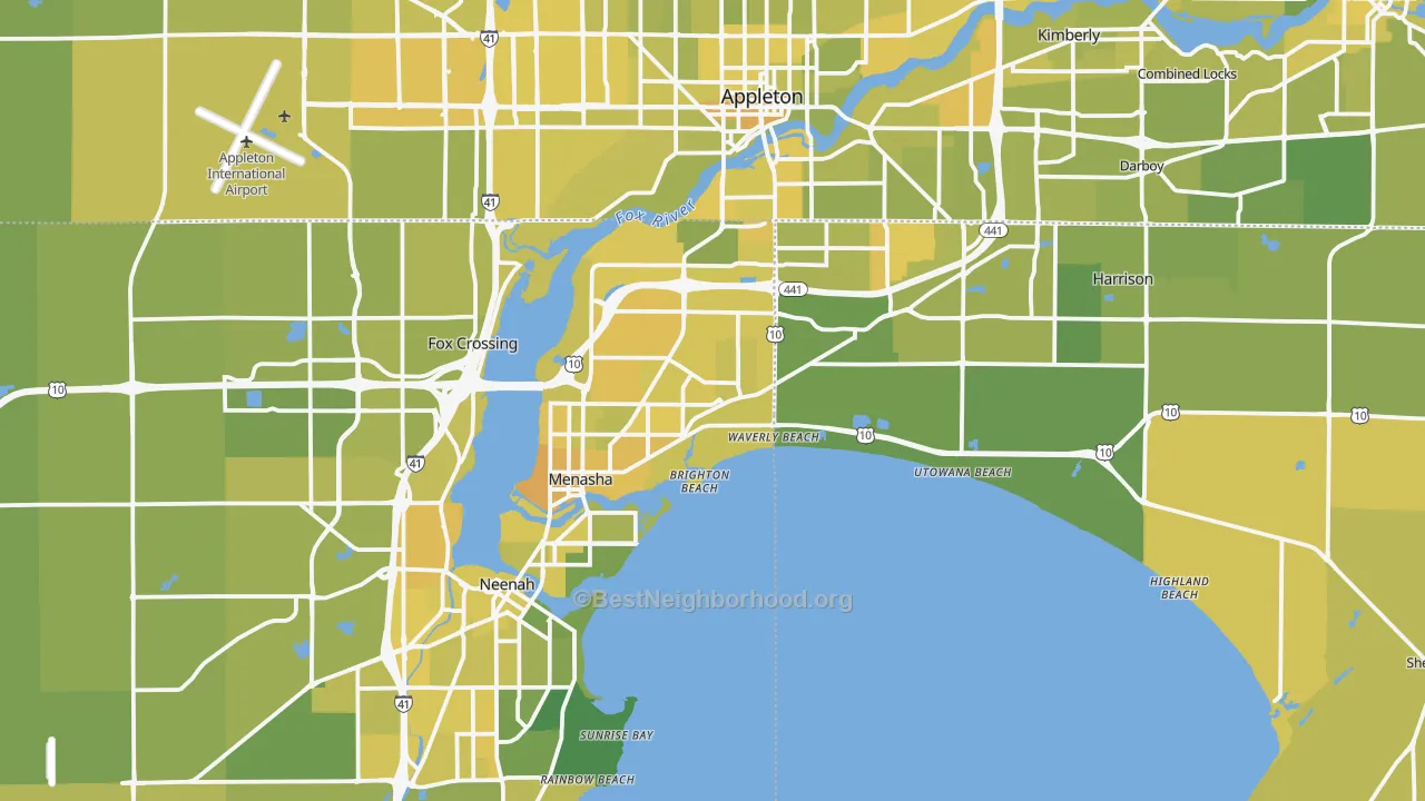 Map of the best neighborhoods in the Menasha area, with better matches in green and worse matches in red