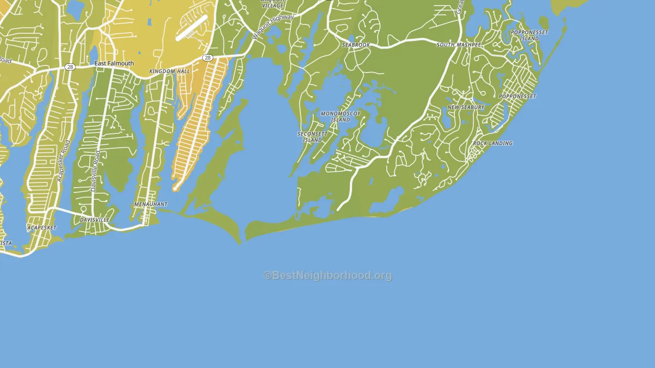 Map of the best neighborhoods in the Menauhant area, with better matches in green and worse matches in red