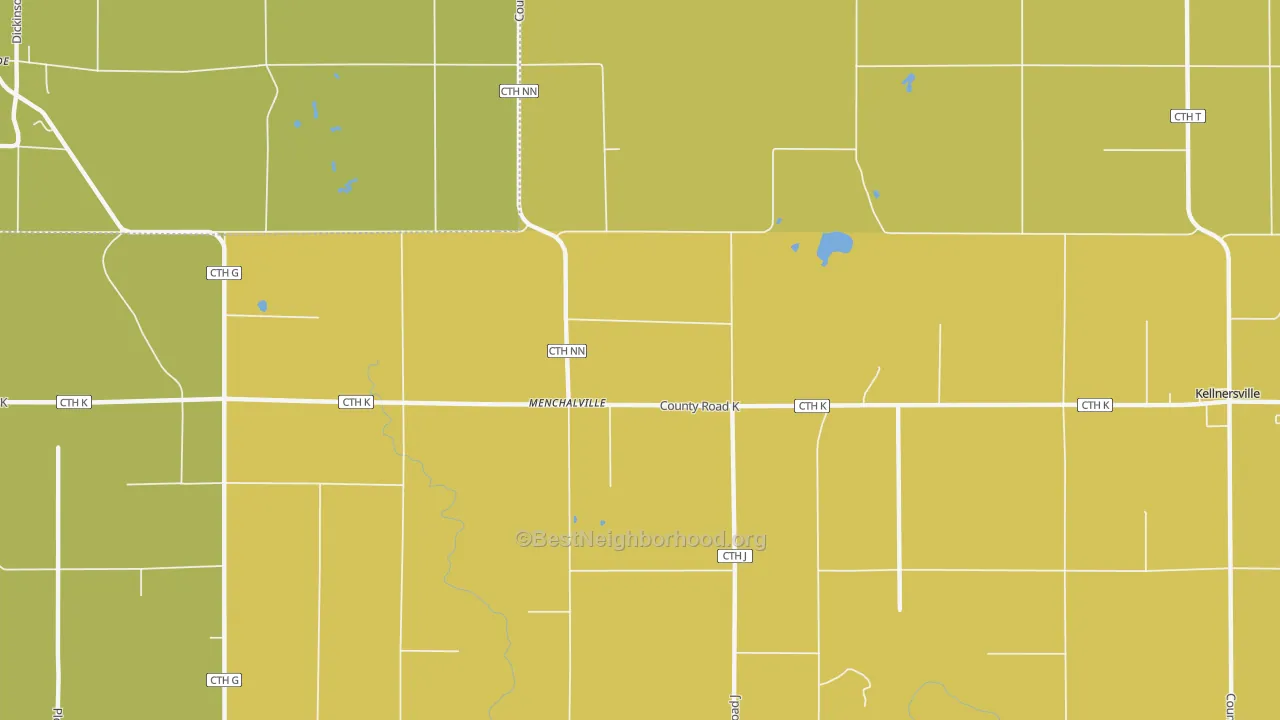 Map of the best neighborhoods in the Menchalville area, with better matches in green and worse matches in red