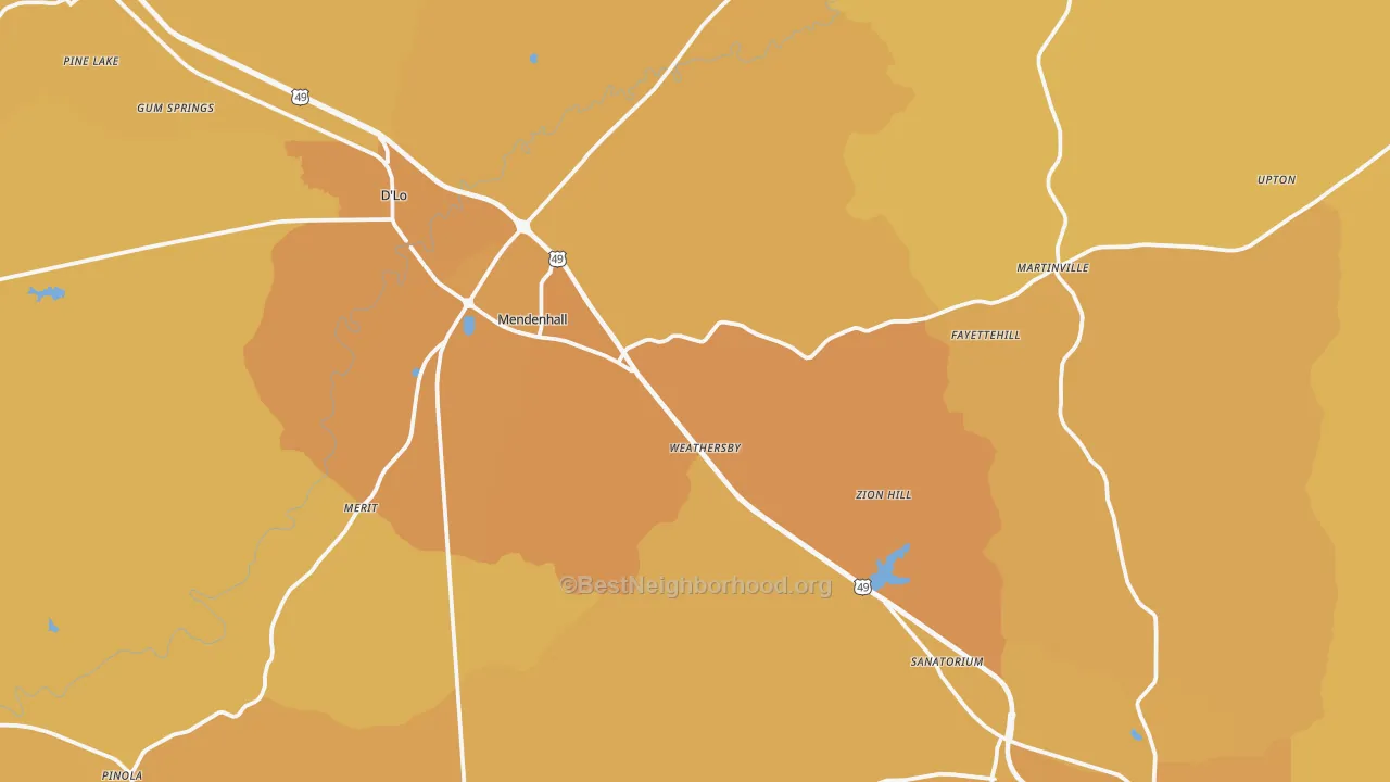Map of the best neighborhoods in the Mendenhall area, with better matches in green and worse matches in red