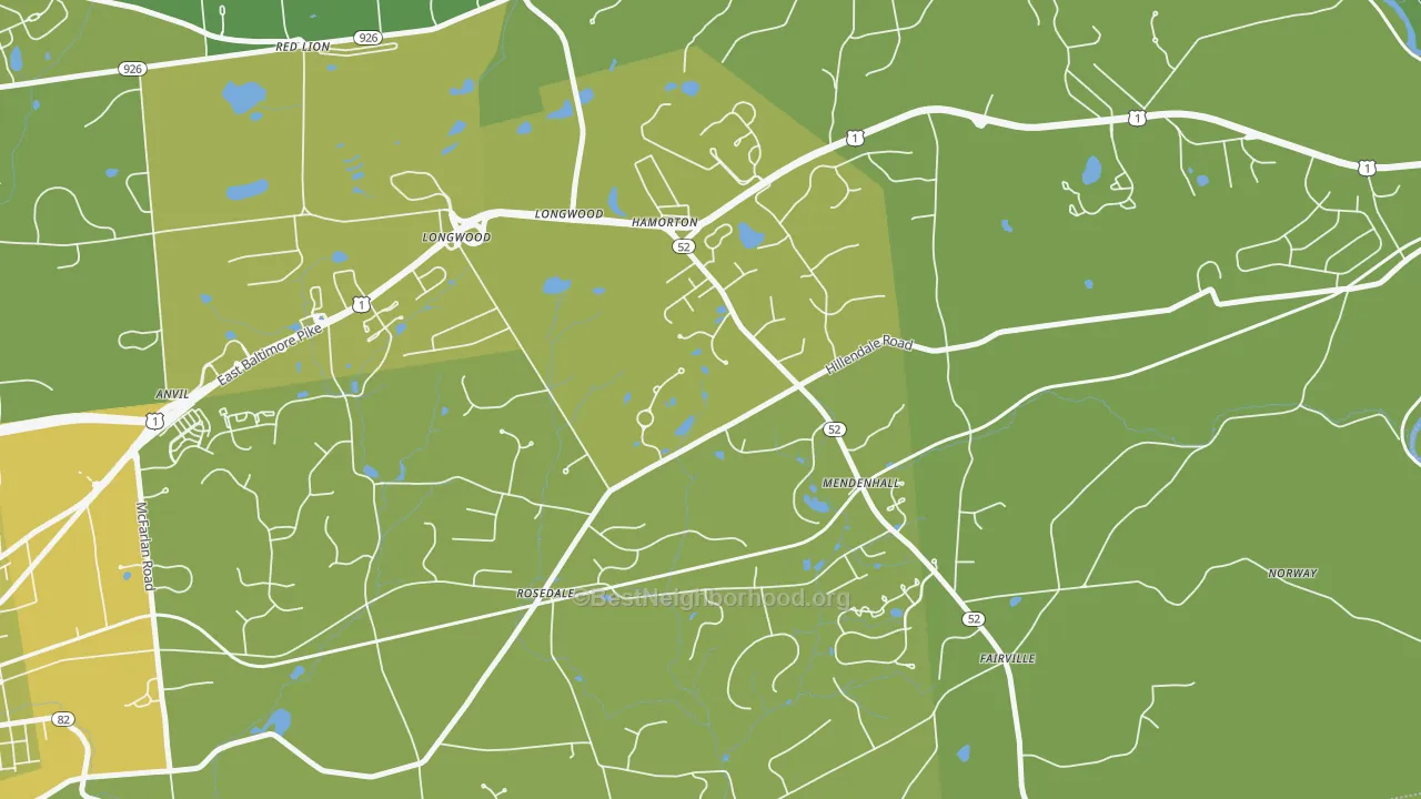 Map of the best neighborhoods in the Mendenhall area, with better matches in green and worse matches in red