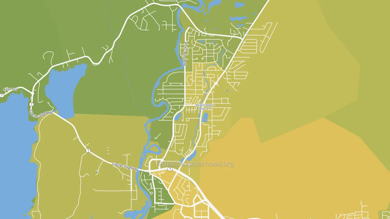Map of the best neighborhoods in the Mendenhall Valley, Juneau area, with better matches in green and worse matches in red