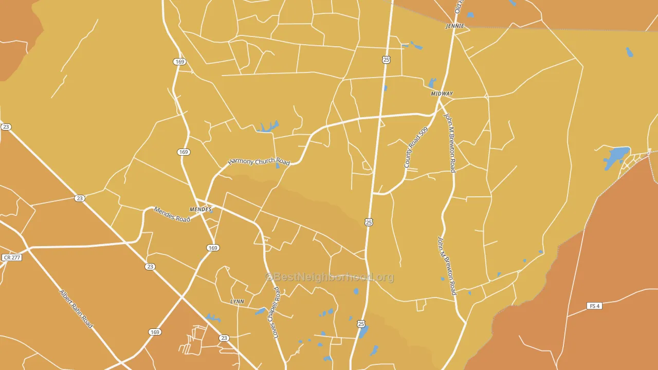 Map of the best neighborhoods in the Mendes area, with better matches in green and worse matches in red