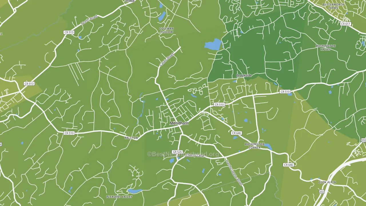 Map of the best neighborhoods in the Mendham area, with better matches in green and worse matches in red