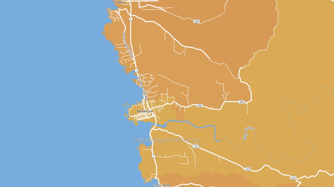 Map of the best neighborhoods in the Mendocino area, with better matches in green and worse matches in red