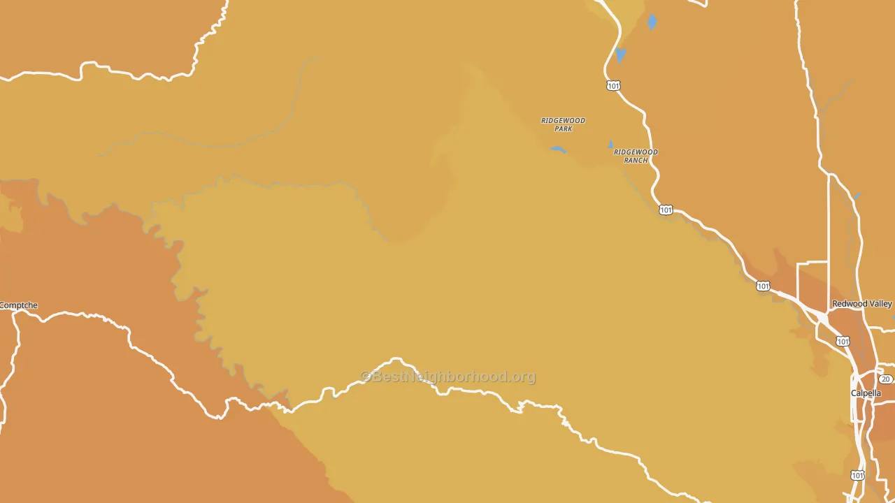 Map of the best neighborhoods in the Mendocino County area, with better matches in green and worse matches in red