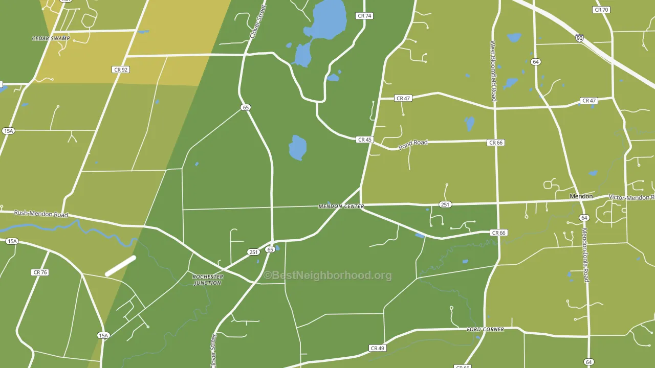 Map of the best neighborhoods in the Mendon Center area, with better matches in green and worse matches in red