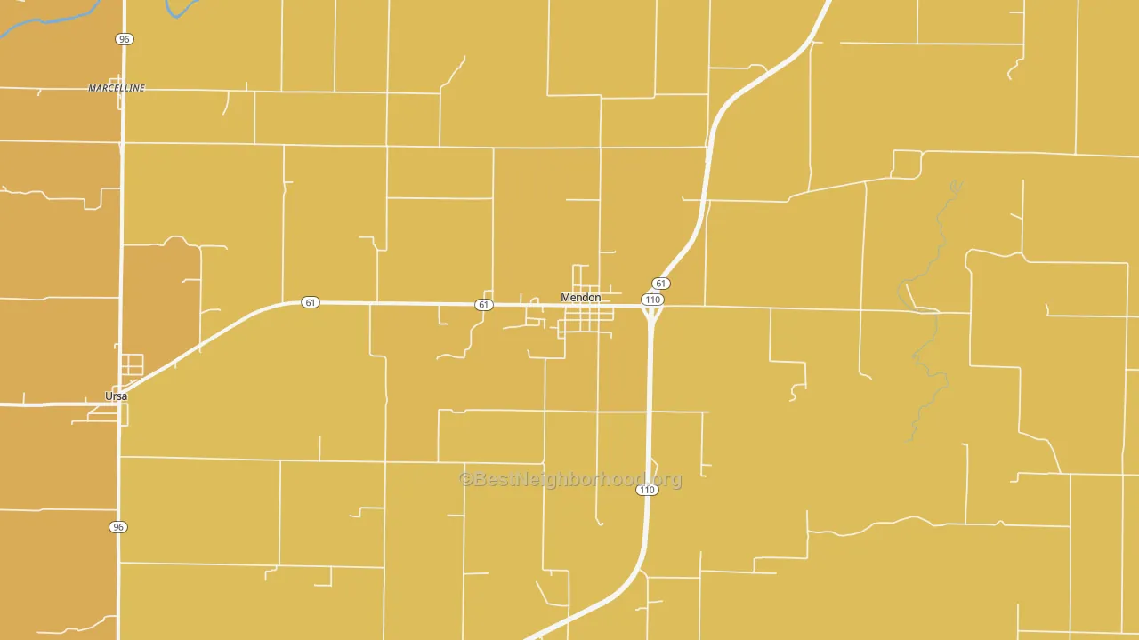 Map of the best neighborhoods in the Mendon area, with better matches in green and worse matches in red