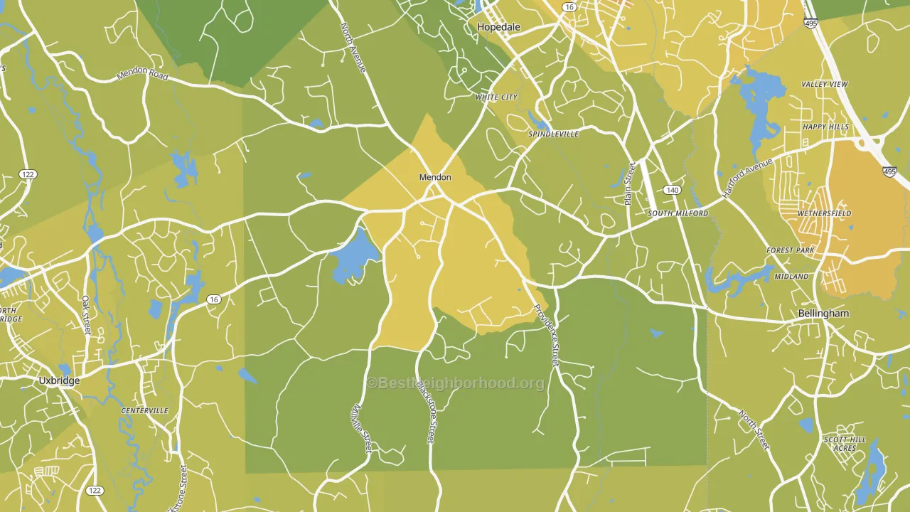 Map of the best neighborhoods in the Mendon area, with better matches in green and worse matches in red