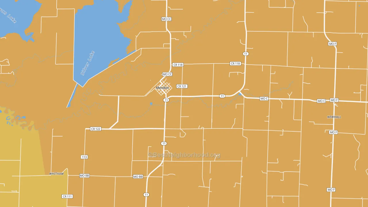 Map of the best neighborhoods in the Mendon area, with better matches in green and worse matches in red