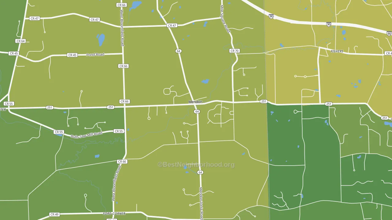 Map of the best neighborhoods in the Mendon area, with better matches in green and worse matches in red