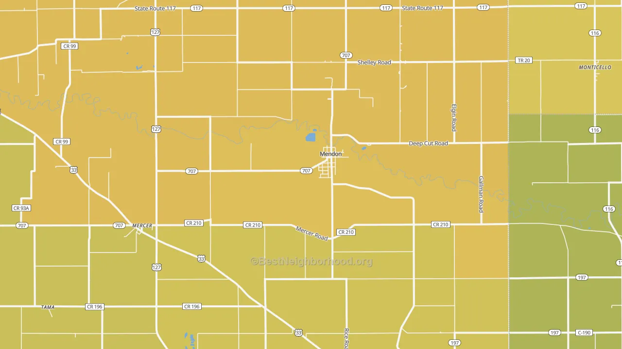Map of the best neighborhoods in the Mendon area, with better matches in green and worse matches in red