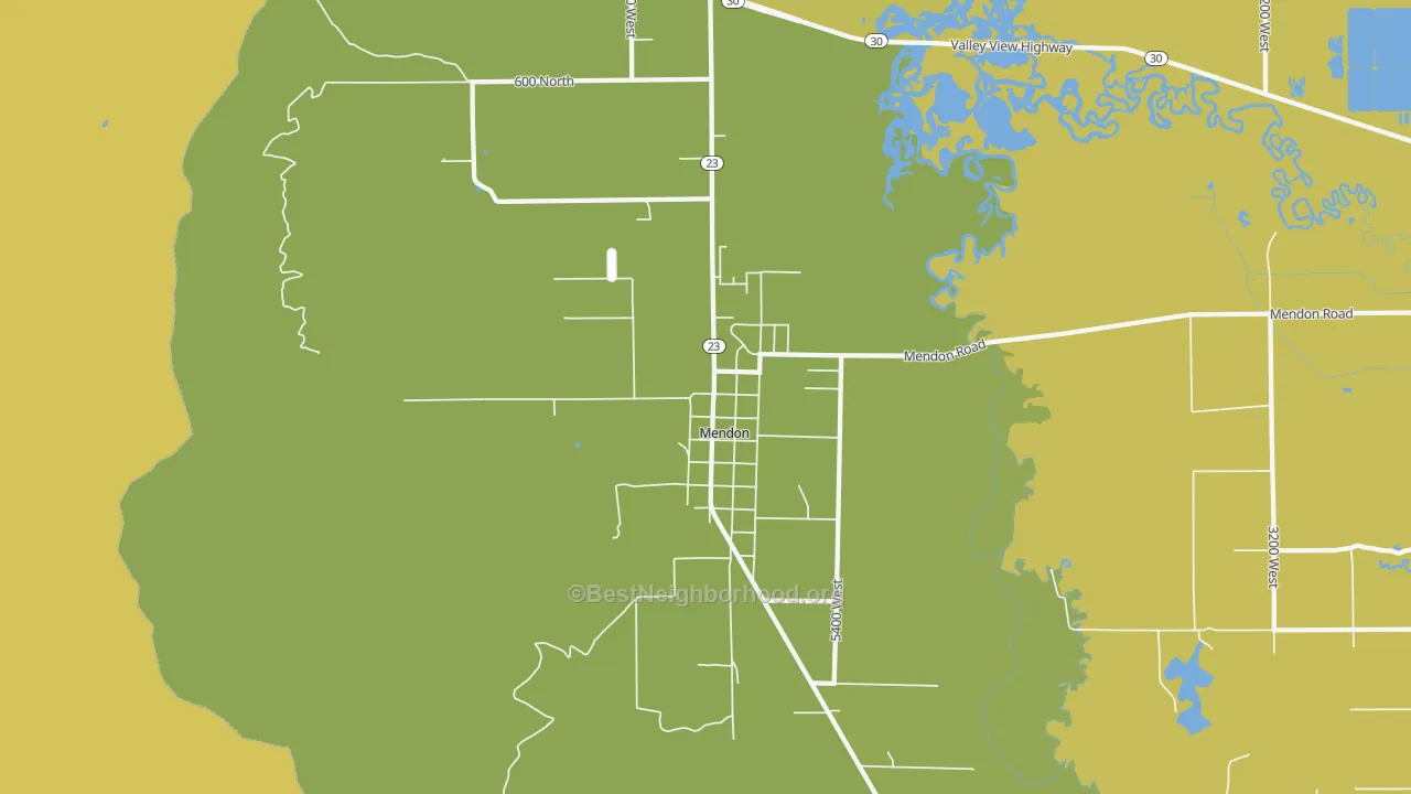 Map of the best neighborhoods in the Mendon area, with better matches in green and worse matches in red