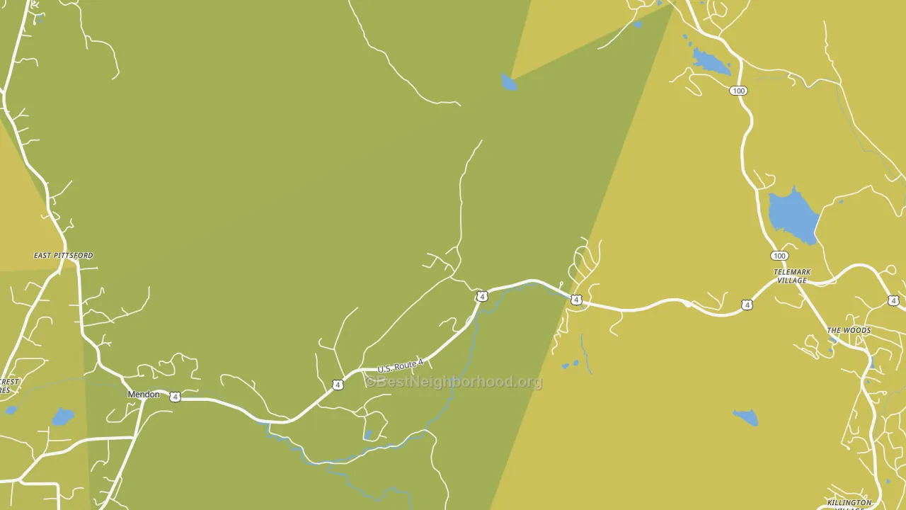 Map of the best neighborhoods in the Mendon area, with better matches in green and worse matches in red