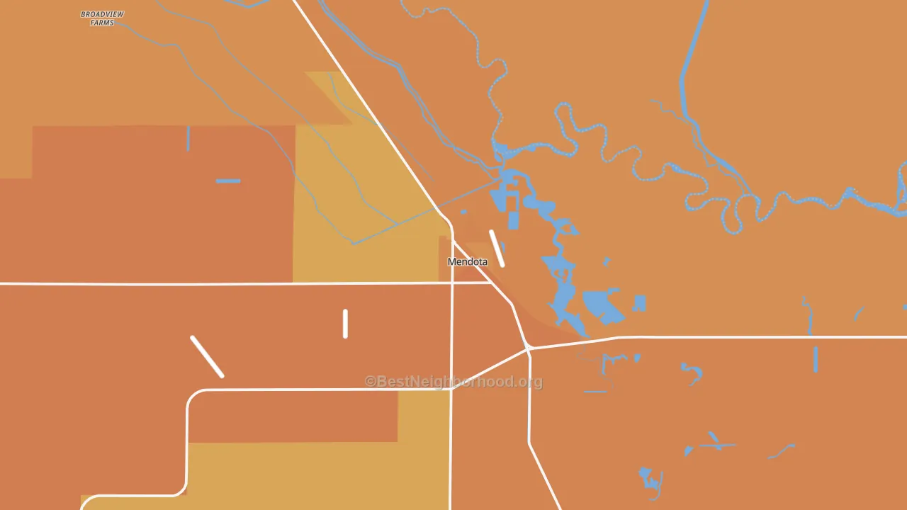 Map of the best neighborhoods in the Mendota area, with better matches in green and worse matches in red