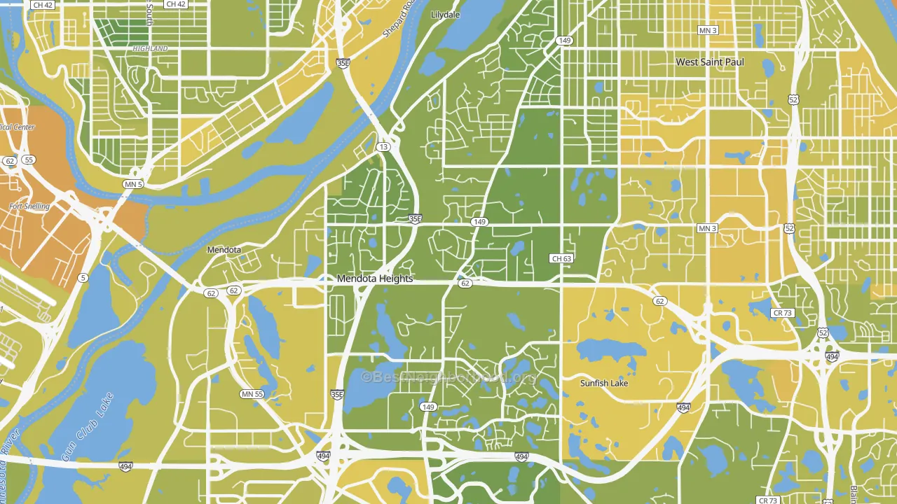 Map of the best neighborhoods in the Mendota Heights area, with better matches in green and worse matches in red
