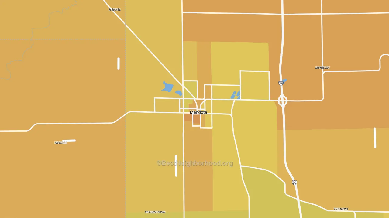 Map of the best neighborhoods in the Mendota area, with better matches in green and worse matches in red