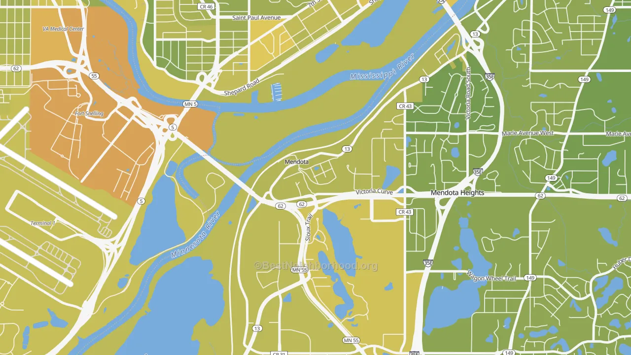 Map of the best neighborhoods in the Mendota area, with better matches in green and worse matches in red