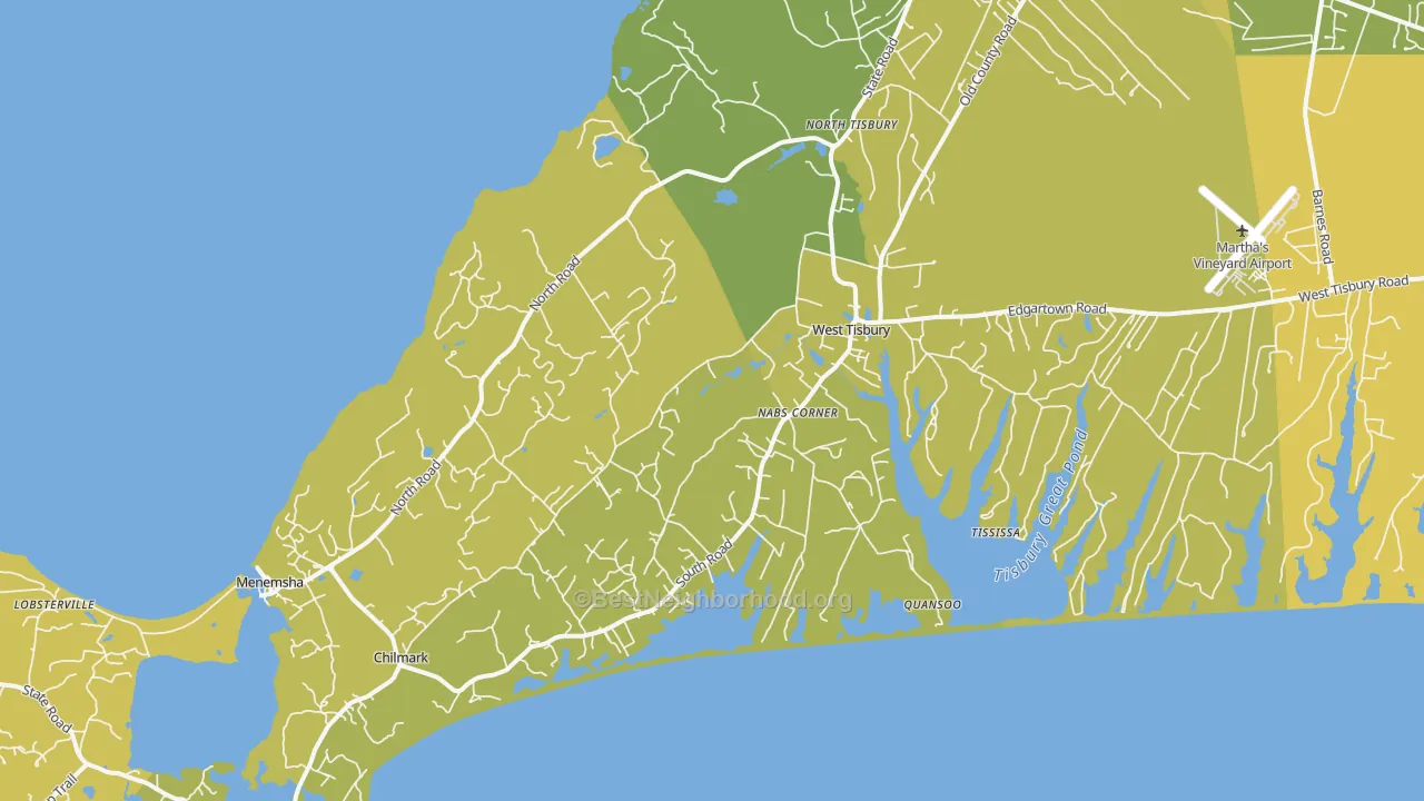 Map of the best neighborhoods in the Menemsha area, with better matches in green and worse matches in red