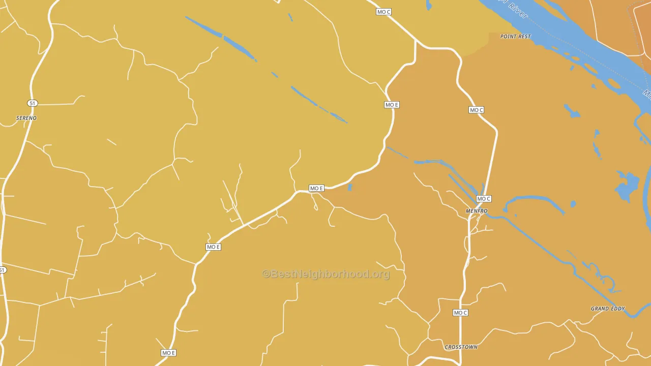 Map of the best neighborhoods in the Menfro area, with better matches in green and worse matches in red