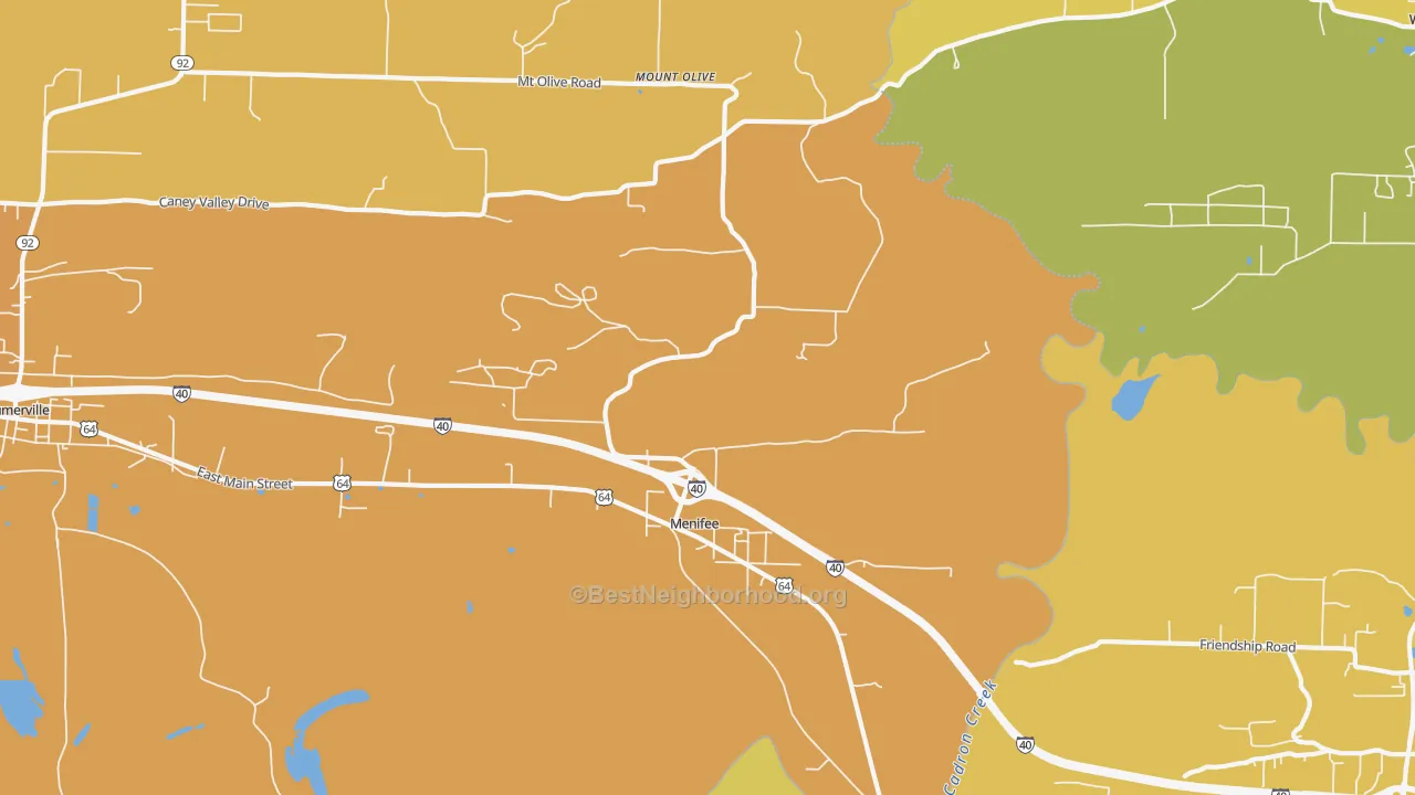Map of the best neighborhoods in the Menifee area, with better matches in green and worse matches in red