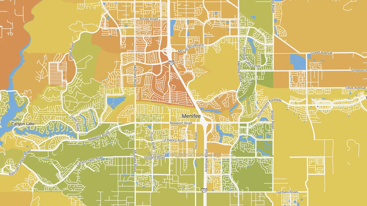 Map of the best neighborhoods in the Menifee area, with better matches in green and worse matches in red