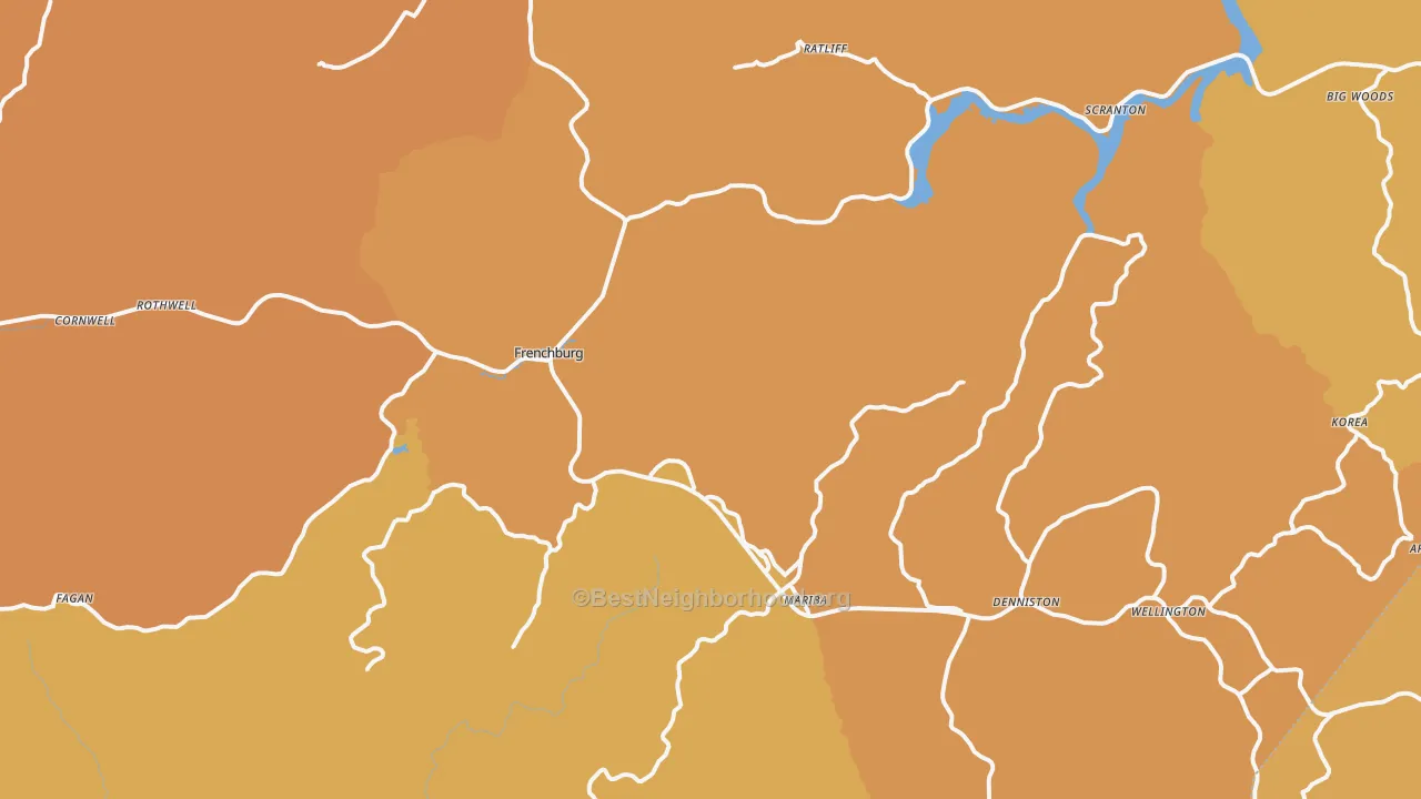 Map of the best neighborhoods in the Menifee County area, with better matches in green and worse matches in red