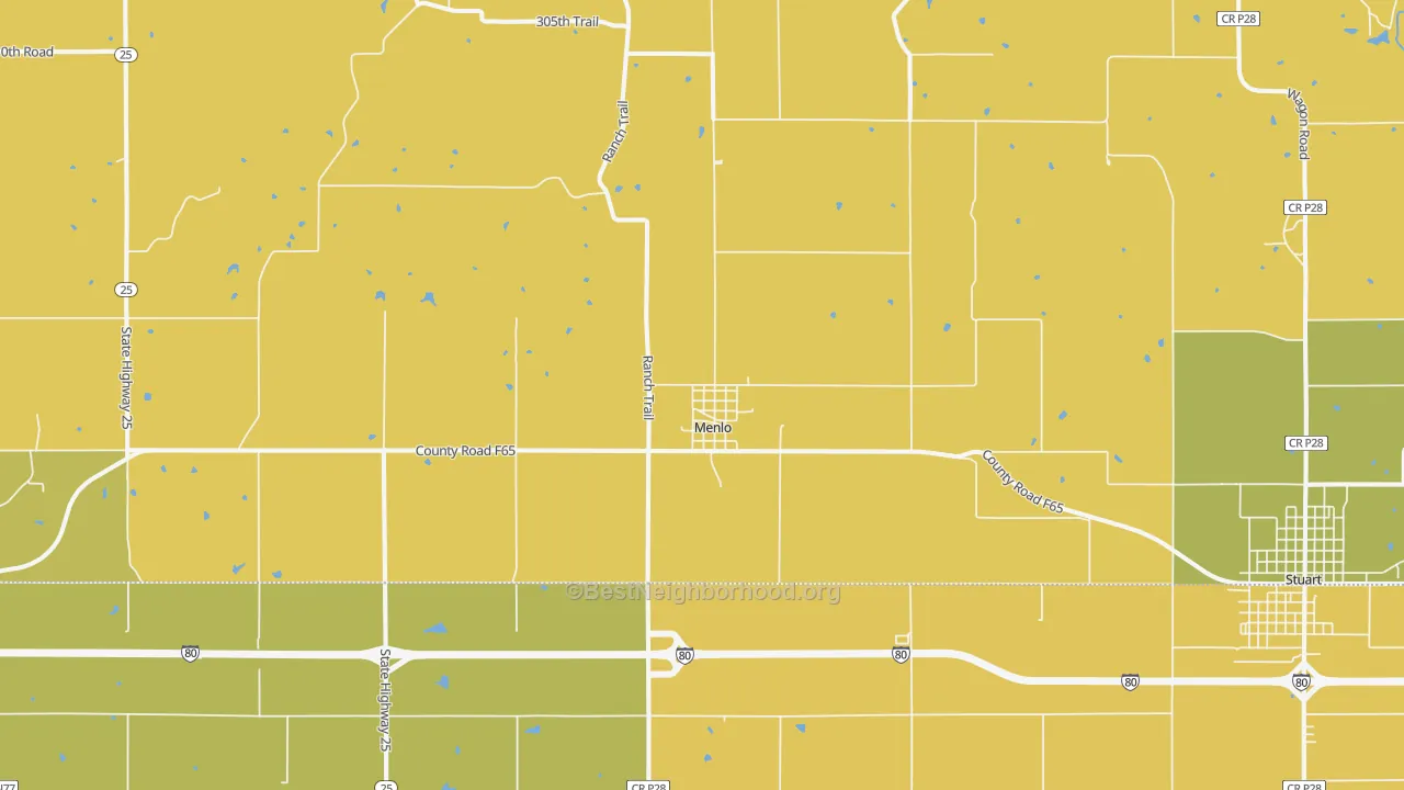 Map of the best neighborhoods in the Menlo area, with better matches in green and worse matches in red