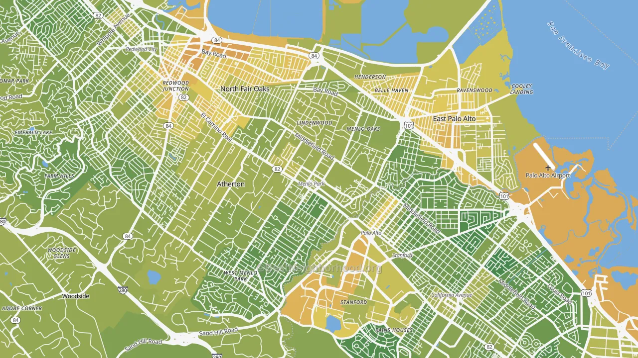 Map of the best neighborhoods in the Menlo Park area, with better matches in green and worse matches in red