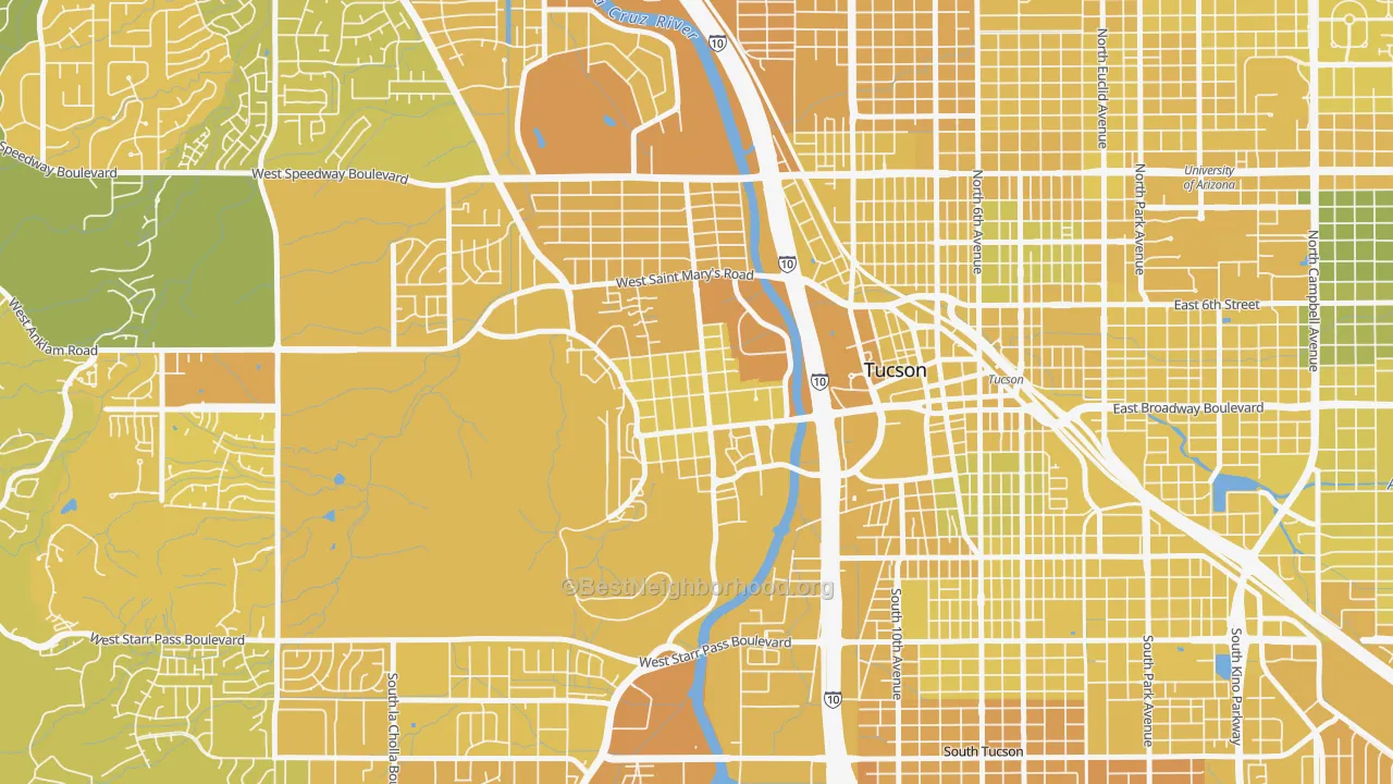 Map of the best neighborhoods in the Menlo Park, Tucson area, with better matches in green and worse matches in red