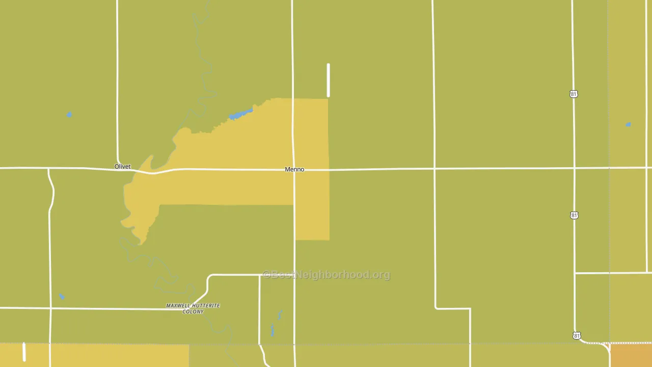 Map of the best neighborhoods in the Menno area, with better matches in green and worse matches in red