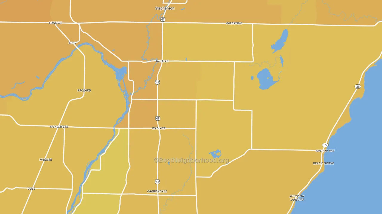 Map of the best neighborhoods in the Menominee County area, with better matches in green and worse matches in red