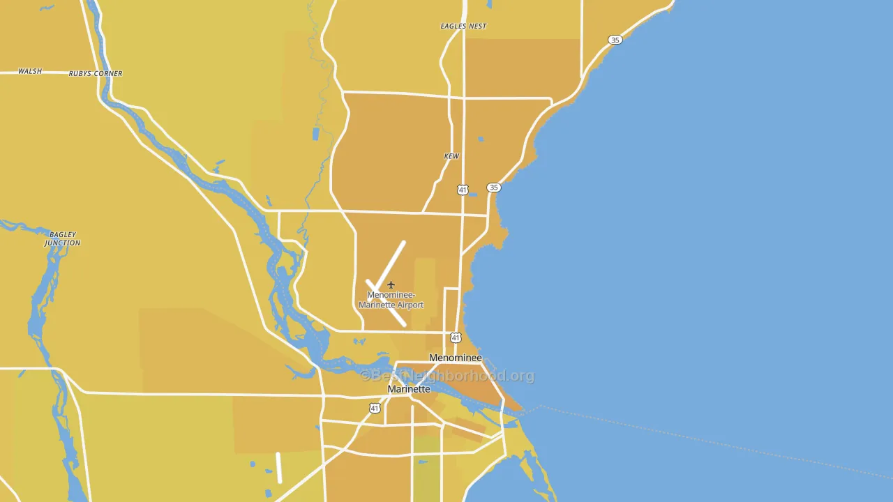Map of the best neighborhoods in the Menominee area, with better matches in green and worse matches in red
