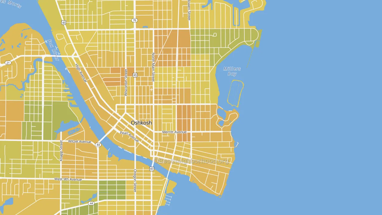 Map of the best neighborhoods in the Menominee South, Oshkosh area, with better matches in green and worse matches in red
