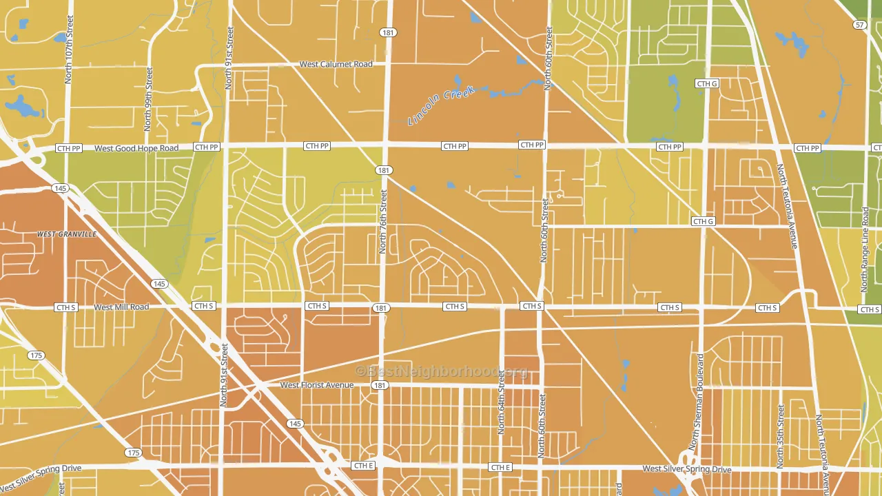 Map of the best neighborhoods in the Menomonee River Hills East, Milwaukee area, with better matches in green and worse matches in red