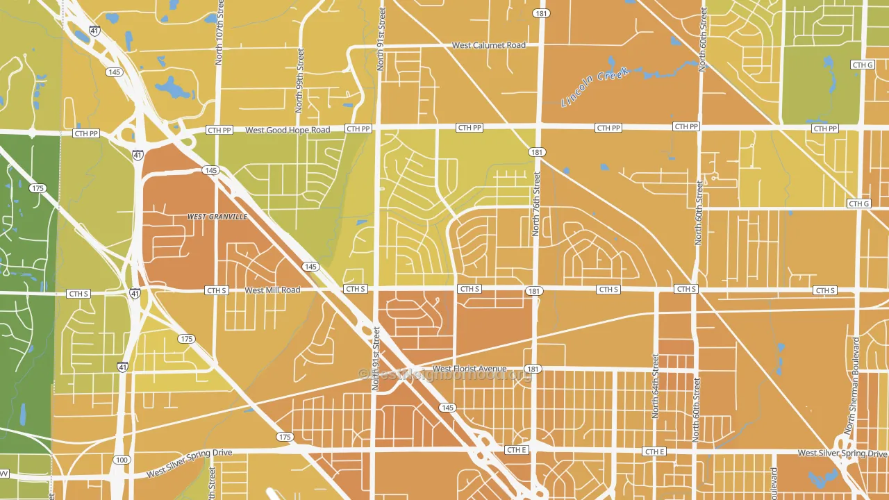 Map of the best neighborhoods in the Menomonee River Hills, Milwaukee area, with better matches in green and worse matches in red