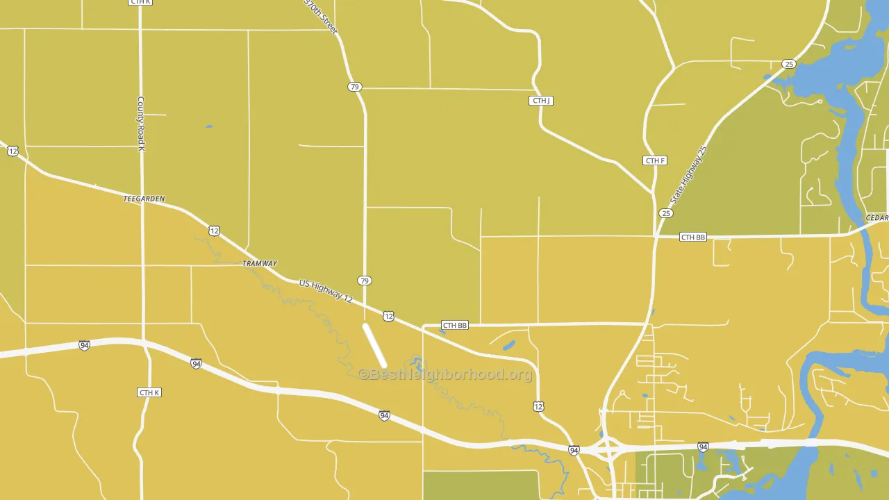 Map of the best neighborhoods in the Menomonie Junction area, with better matches in green and worse matches in red